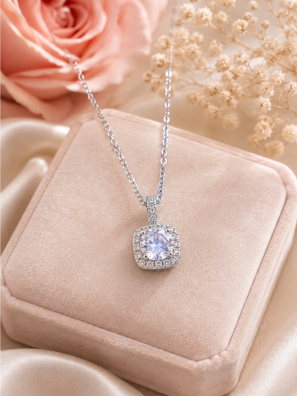 Silver-Tone Square Halo Crystal Pendant Necklace